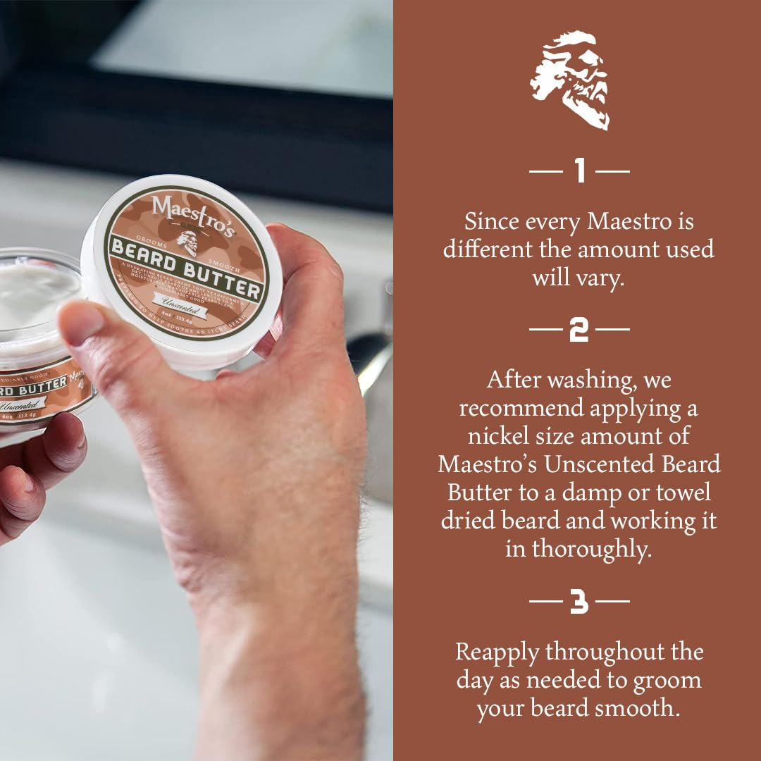 Maestro’s Classic BEARD BUTTER | Anti-Itch, Extra Soothing, Hydrating Beard Creme For All Beard Types & Lengths- Unscented, 4 Ounce