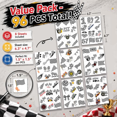 96 PCS Checkered Flag Temporary Tattoos for Kids Party Favors