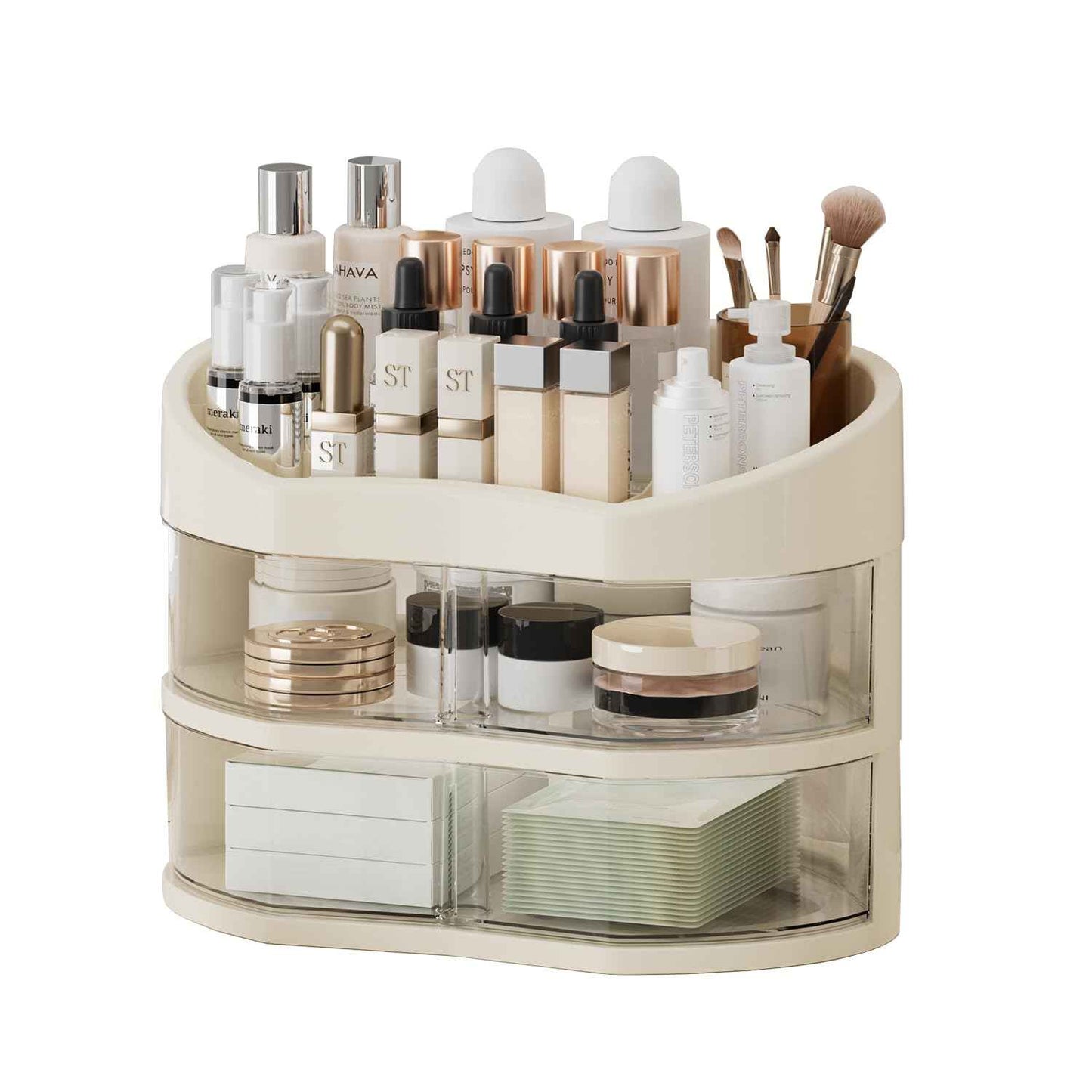 UFORU Makeup Organizer for Vanity, Countertop Organizer with 360° Rotating Drawer, Spacious Cosmetic Display Case for Beauty Essential, Skincare,Lipstick, 2 Drawers