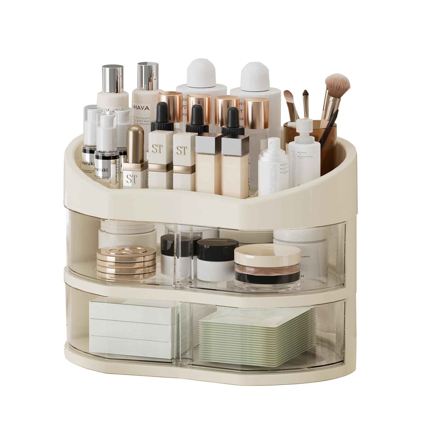 UFORU Makeup Organizer for Vanity, Countertop Organizer with 360° Rotating Drawer, Spacious Cosmetic Display Case for Beauty Essential, Skincare,Lipstick, 2 Drawers