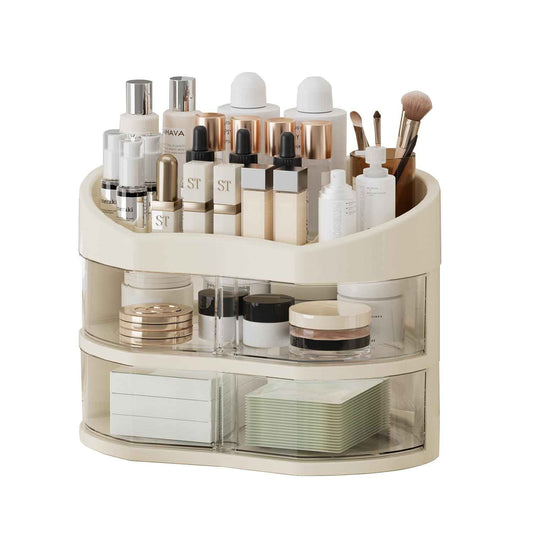 UFORU Makeup Organizer for Vanity, Countertop Organizer with 360° Rotating Drawer, Spacious Cosmetic Display Case for Beauty Essential, Skincare,Lipstick, 2 Drawers