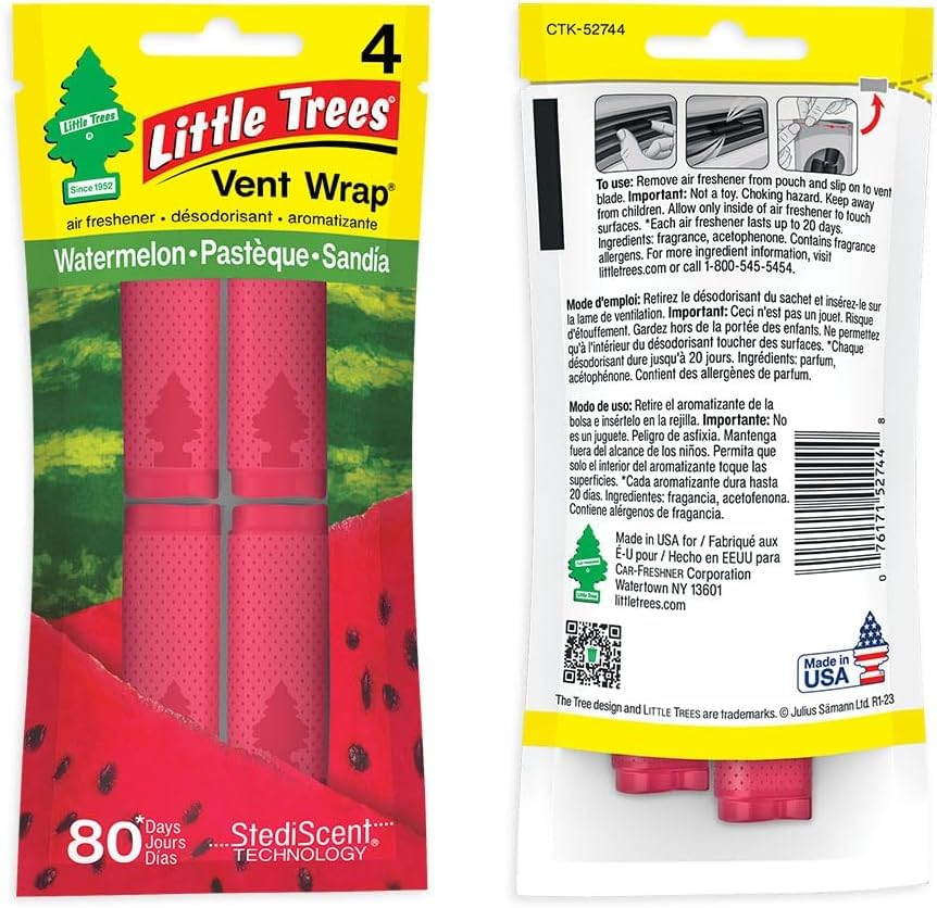 LITTLE TREES Car Air Freshener. Vent Wrap Provides Long-Lasting Scent, Slip on Vent Blade. Watermelon, 16 Air Fresheners, 4 Count (Pack of 4)