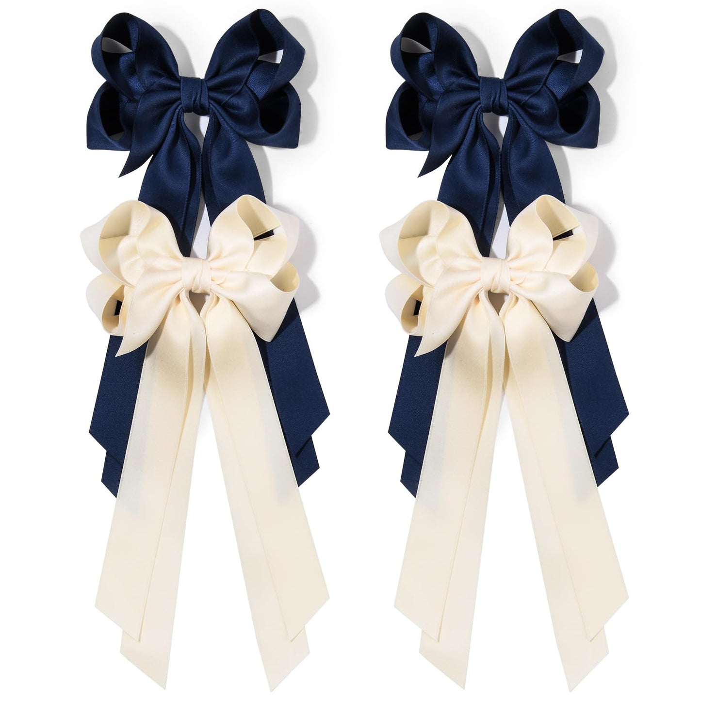 Aileam 4PCS Hair Bow Clips for Women Hair Accessories Beige Blue Silky Satin Ribbon with Metal Clips for Girls Toddlers Teens Kids