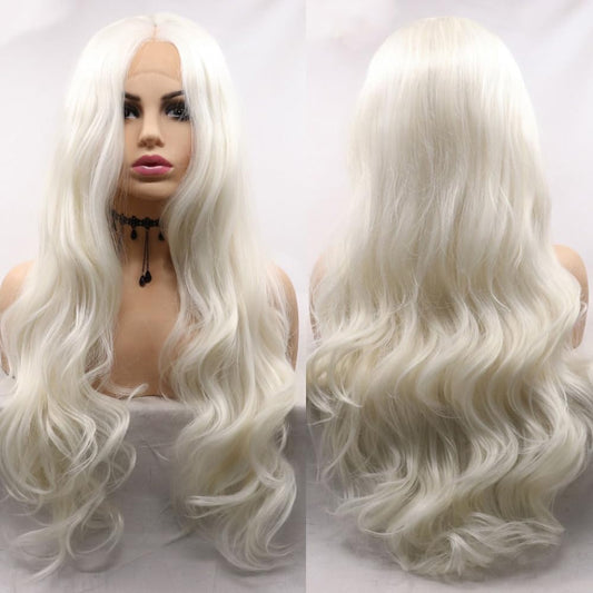 xiweiya White Wigs Long Body Wave Loose Curly Platinum Blonde Synthetic Lace Front Wig 13x3 Lace Wigs Natural Hairline Heat Resistant Fiber Half Hand Tied Hair Middle Part Wig for Women 24inch