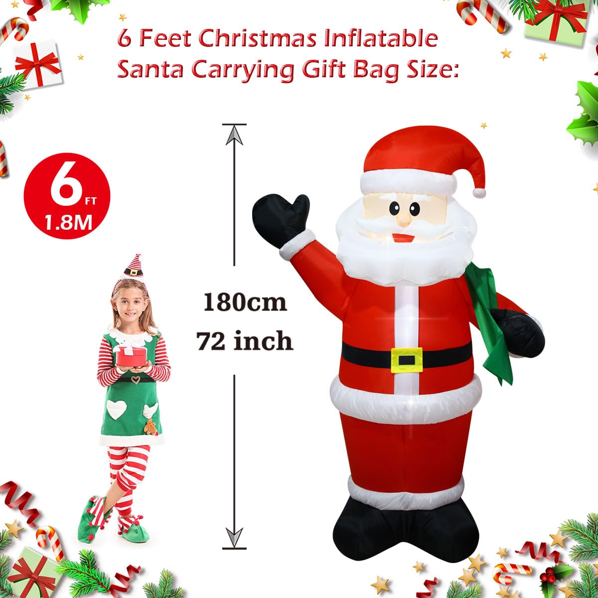 FARONZE Christmas Inflatable Santa Claus Lighted Interior Inflatable Christmas Decoration with Built-in Fan and Anchor Ropes (6FT Santa Carry Bag)