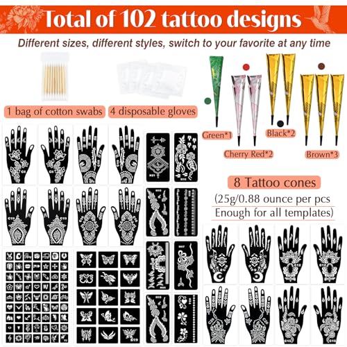 MuseLuxe Temporary Tattoo Kit - 102 Designs, 8 Inks, 4 Colors