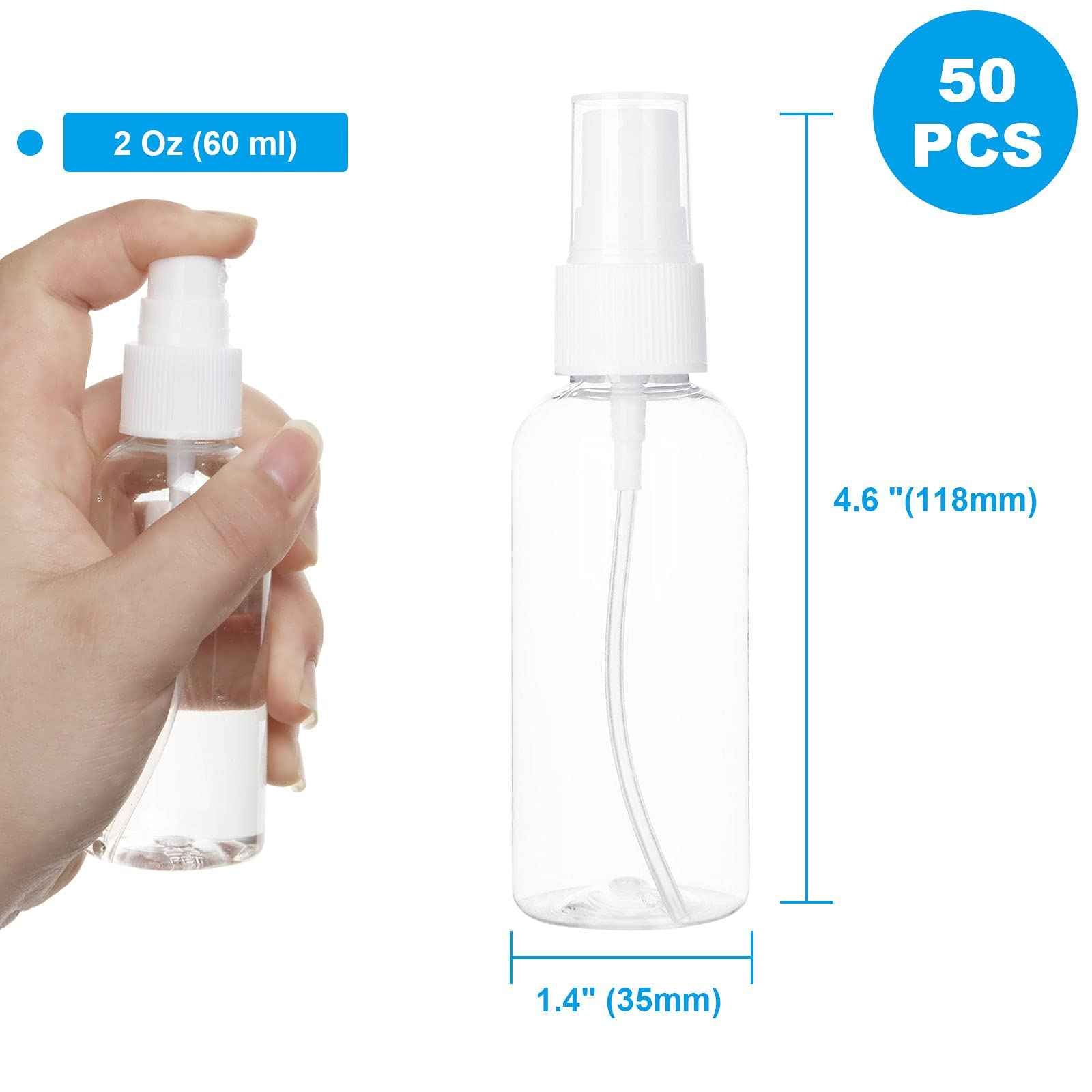 APACALI 50pcs 2 Oz Clear Fine Mist Spray Bottles, Reusable, Leak-Proof, Mini Travel Empty Spray Bottles for Perfume, Plant, etc. (60ml)