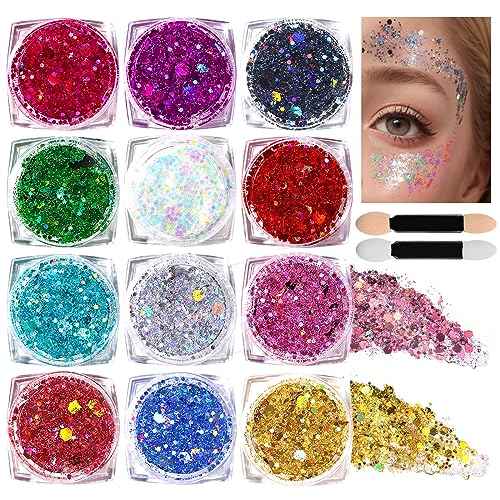 Teenitor Body Glitter Face Glitter Makeup Festival Glitter, 12 Colors Face and Body Glitter Gel, Hair Glitter Gel, Body Makeup