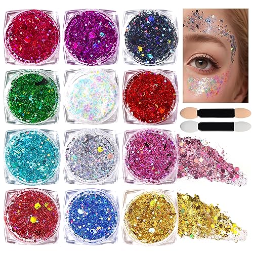 Teenitor 12-Color Glitter Gel Set with Face Gems & Hair Jewels
