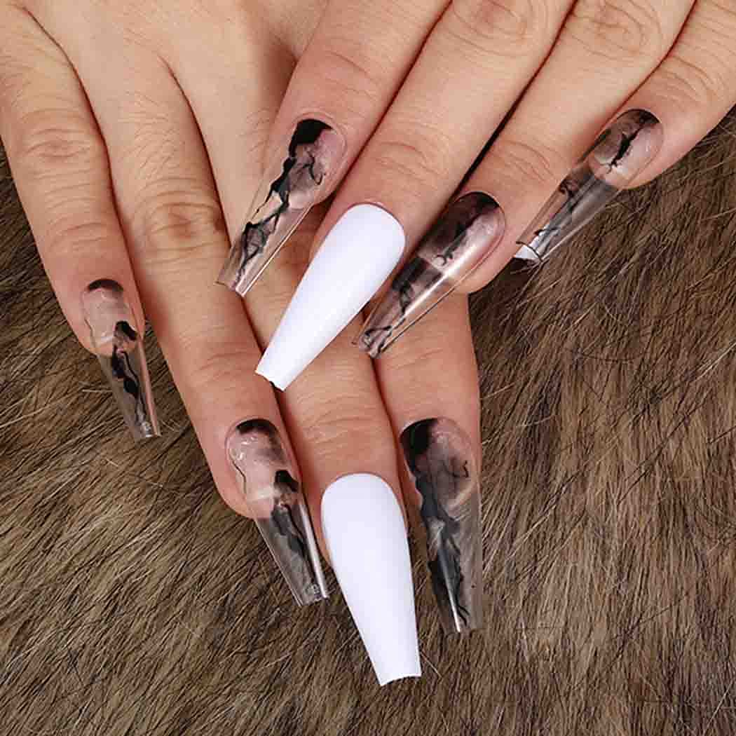 Outyua Glossy Smoke Pattern Fake Nails Coffin Extra Long Press on Nails with Design Ballerina Acrylic Super Long False Nails Designer Full Cover Artificial Nails for Women and Girls 24Pcs (White)