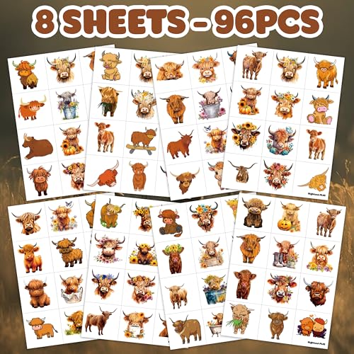 96PCS Highland Cow Print Pre Cut Temporary Tattoos Themed Birthday Party Decorations Decor Supplies Favors Animal Brown Cattle Tattoo Stickers Gifts For Game Boys Girls Classroom School Prizes