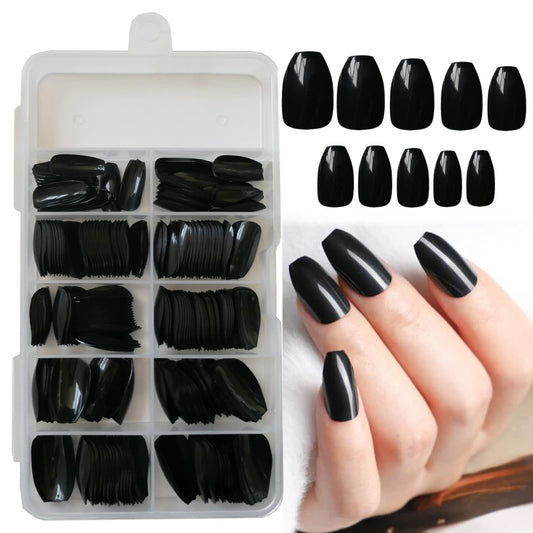 LoveOurHome 240pc Coffin Press on Nails Short Fake Nail Colored Medium Length Ballerina Press False Nails Gel Glossy Artificial Fingernails Full Cover Acrylic Tips with Glue Adhesive Tabs