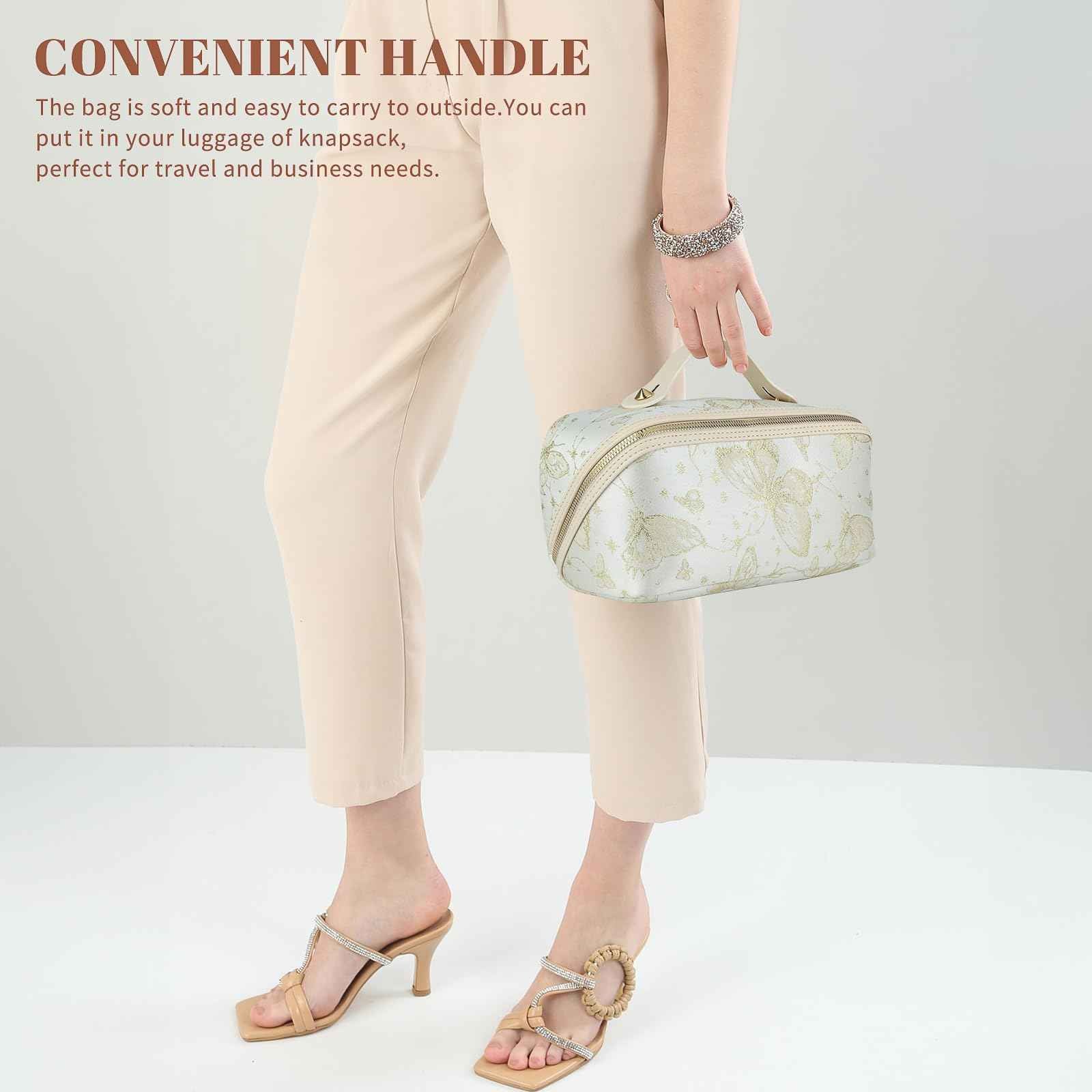 KEYPOWER Large Capacity Cosmetic Bag with Butterfly Pattern Travel Makeup Bag Portable Toiletry Bag with Handle for Women (White)