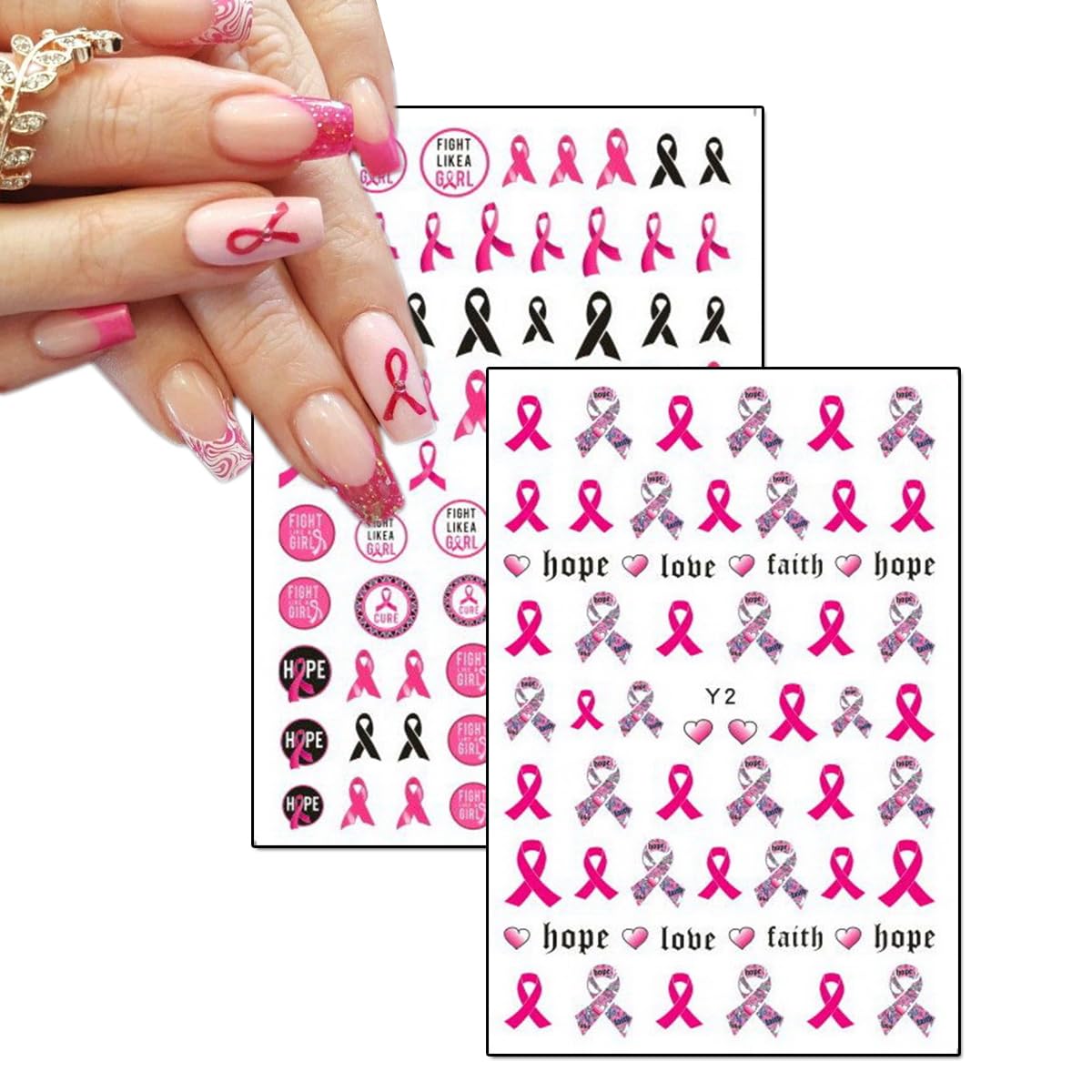 6Sheet Breast Cancer Nail Art Stickers Pink Ribbon Black Letter Nail Stickers Love Heart Design Nail DIY Breast Cancer Awareness Stickers Nail Art Design Nail Decals for Women Girls Nail Supplies.