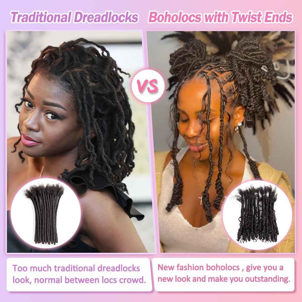 Lovenea 0.6 cm Human Hair Dreadlocks with Twist Ends 12 inch 10 Strands Boholocs Human Hair Handmade Dreadlock Extensions Natural Black Color Can Be Dyed Bleached Curled (1B#, 12 Inch-10 Strands)