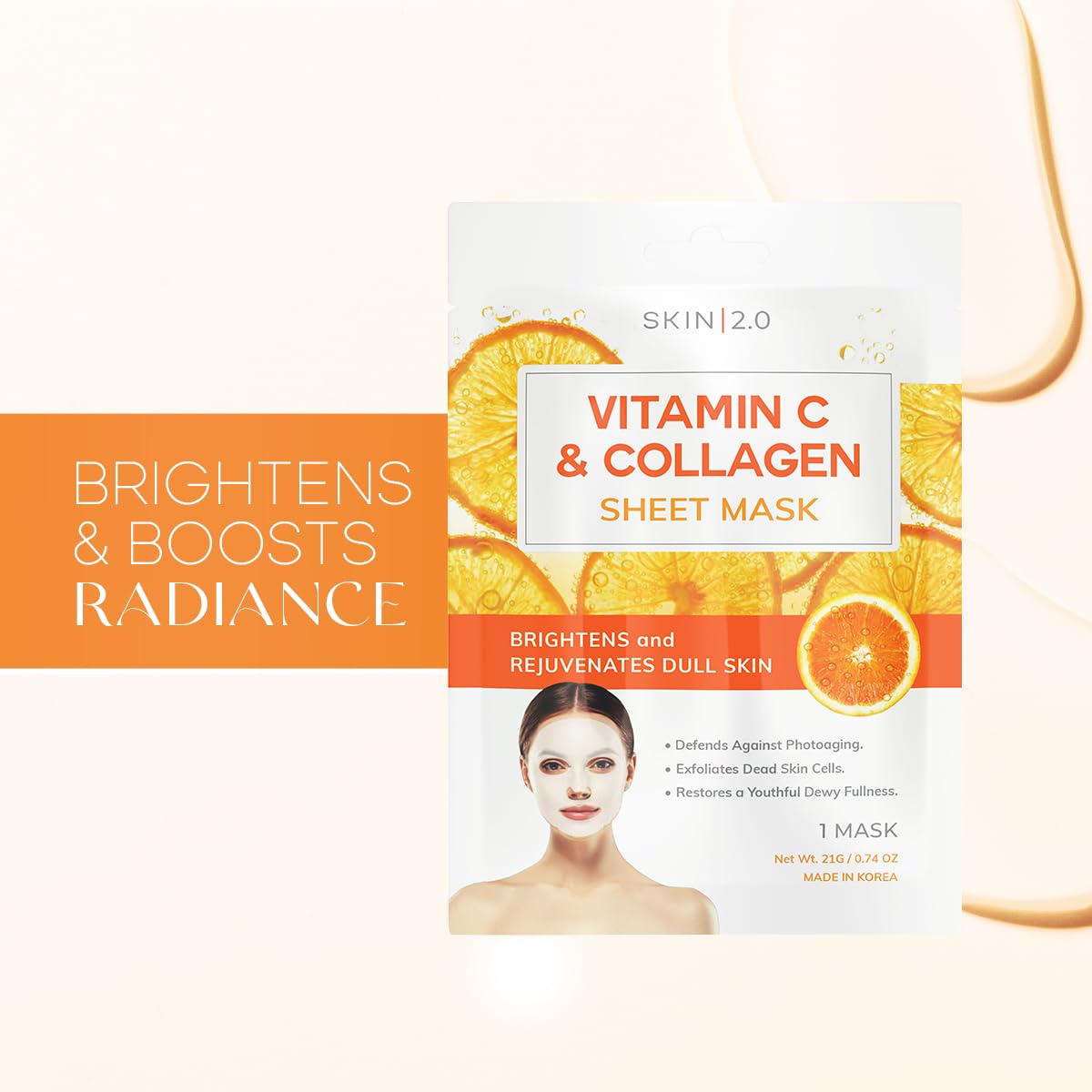 Skin 2.0 Vitamin C and Collagen Sheet Face Mask - Reduce Wrinkles & Age Spots, Moisturize, Hydrating Sheet Mask - Korean Skin Care - All Skin Types - 5 Masks