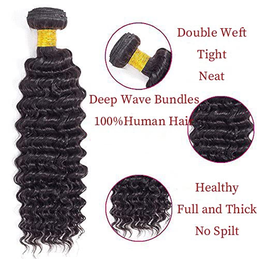 Deep Wave Bundles Human Hair 1B Deep Curly Bundles 12 14 16 Inch 3 Bundles Wet and Wavy Bundles Grade 8A Remy Natural Black Deep Wave Bundle