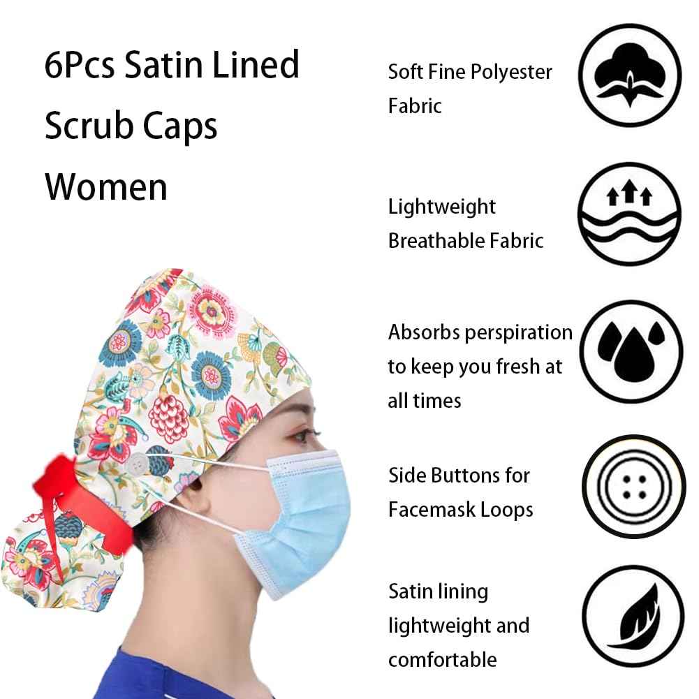 6 Pcs Scrub Caps Women Satin Lined, Adjustable Surgical Caps for Women, Nurse Cap with Button and Sweatband, Scrub Hats Women Ponytail, Working Cap for Unisex, Elastic Ponytail Tie Back, One Size