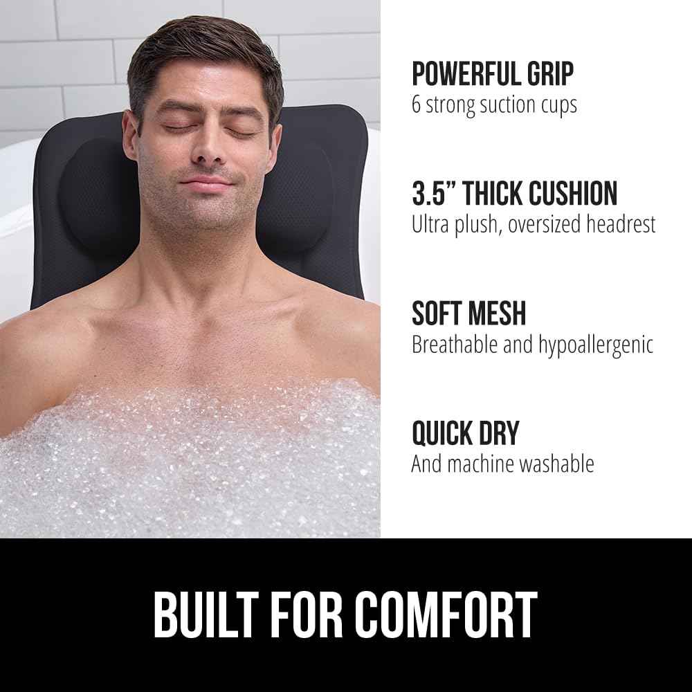 GORILLA GRIP Bath Pillow for Tub with Powerful Suction Cups, Headrest Pillows for Neck and Back Support, Machine Wash, Bathtub and Hot Tub Accessories, Relaxing Spa Gift Essentials for Women, Black
