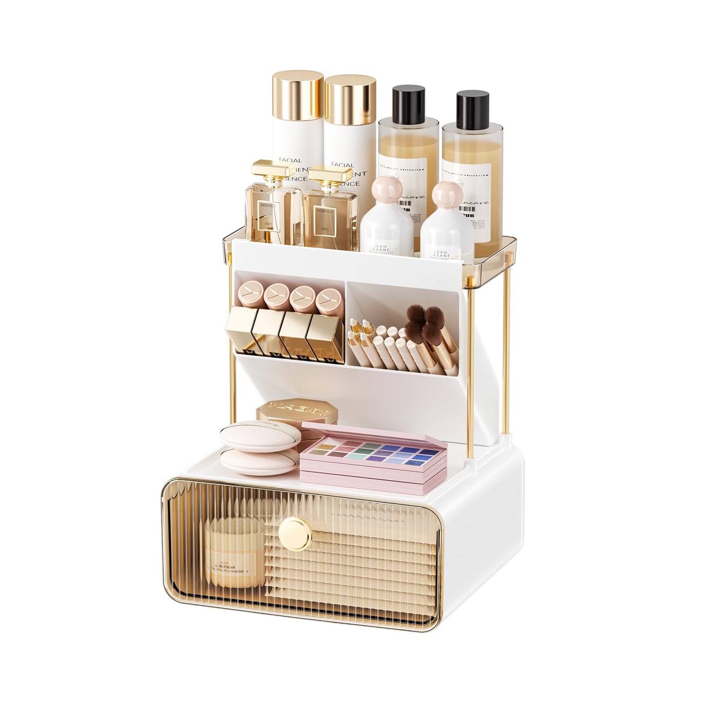 Anlynwooh Makeup Organizer with Drawer, Bathroom Organizers and Storage，Makeup Brush Holder,Lipstick and Perfume Organizer,Cosmetic and Vanity Organizer,Desk Organizer (AMBER)