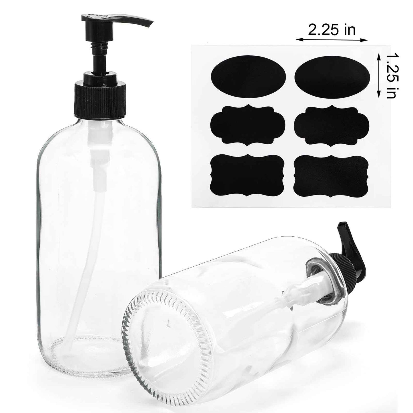 Yarlung 4 Pack 16 Oz Glass Pump Bottles, Clear Soap Dispenser with Pump Glass Empty Refillable Containers for Lotions, Shampoo, Body Wash, Liquid Soap, 4 Black Caps 6 Labels