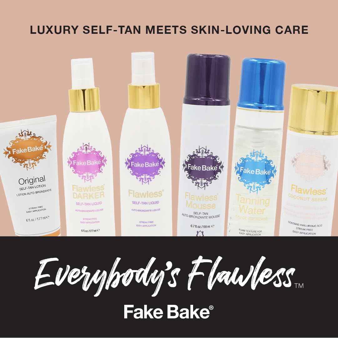 Fake Bake Flawless Self Tanning Mousse Streak-Free, Long-Lasting Natural Glow For All Skin Tones Women & Men - Sunless Tanner Includes Mitt For Easy Application, Black Coconut Scent - 6.7 oz
