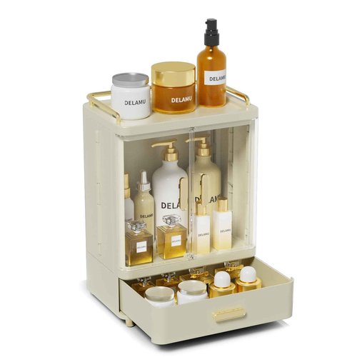 Delamu Bathroom Makeup Organizer Countertop with Drawer, 3-Tier Large Capacity Bathroom Counter Countertop, 15.2' Tall Storage for Perfume, Cosmetic, Skincare and More, Ideal Present for Her, Beige