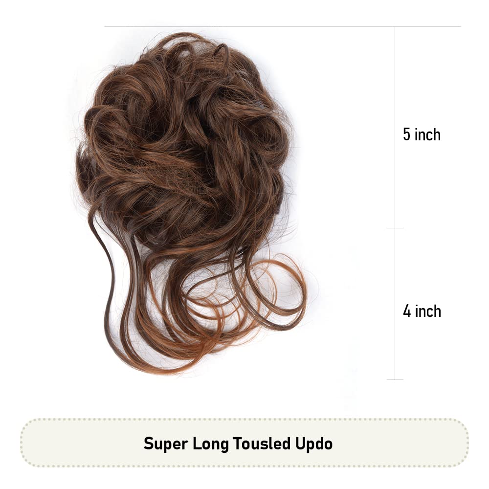 KGBFASS Bwown Messy Bun Hair Piece Long Tousled Updo Hair Buns Curly Wavy Hairpieces Hair Scrunchies with Elastic Hair Band for Women Girls(30T4#)