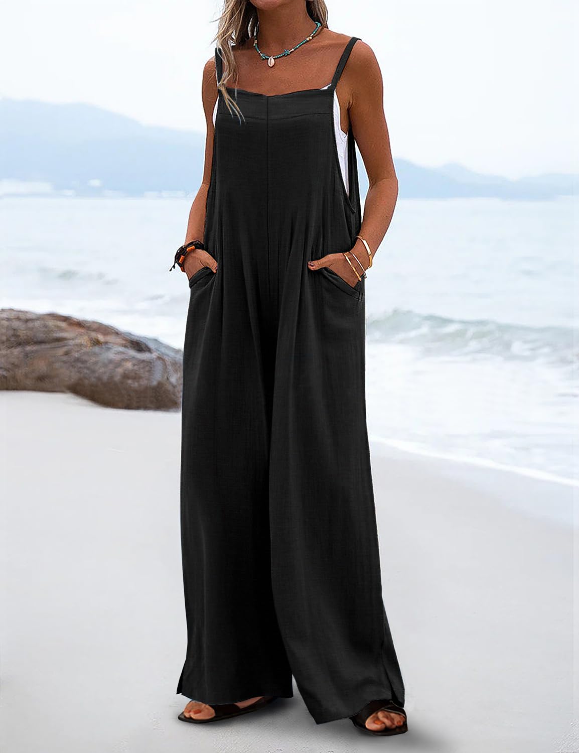 YESNO Women's Summer Boho Casual Jumpsuits Wide Leg Overalls Baggy Rompers with Pocket XS PZZCR Solid Black