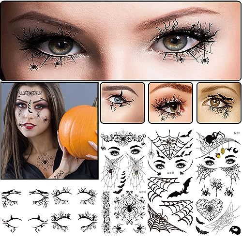Halloween Eye Shadow Stickers Eyeliner Decals Spider Bat Spider Web Skull Bat Temporary Tattoo Stickers Face Eye Makeup Tattoos Stickers for Women Girls Halloween Masquerade Party