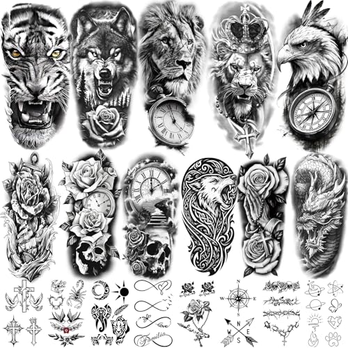 92 Sheet Temporary Tattoo Set - Lion Wolf Dragon Rose Designs
