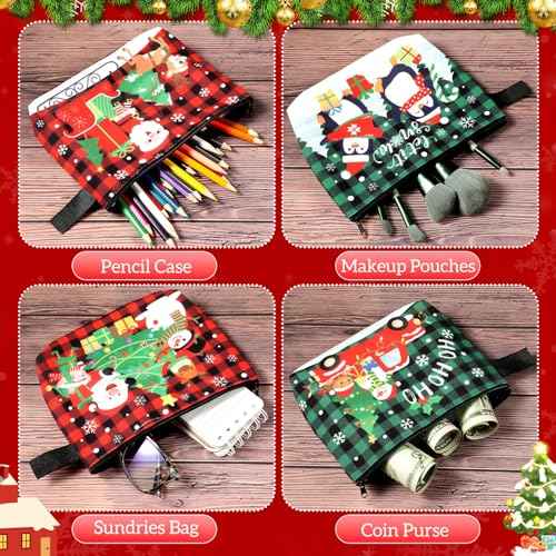Zonon 6 Pcs Christmas Canvas Makeup Bags Small Cosmetic Bag Set with Zipper Portable, Cute Buffalo Plaid Style Pouch, Pencil Case Set Bulk for Women Student Holiday Travel Xmas Party Gifts Supplies