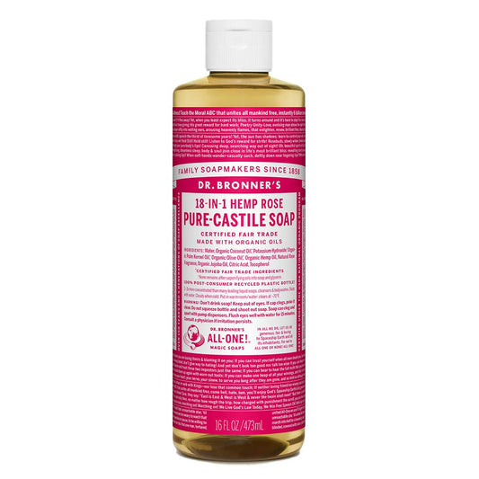 Dr. Bronner's - Pure-Castile Liquid Soap (Rose, 16 ounce) - Made with Organic Oils, 18-in-1 Uses: Face, Body, Hair, Laundry, Pets and Dishes, Concentrated, Vegan, Non-GMO