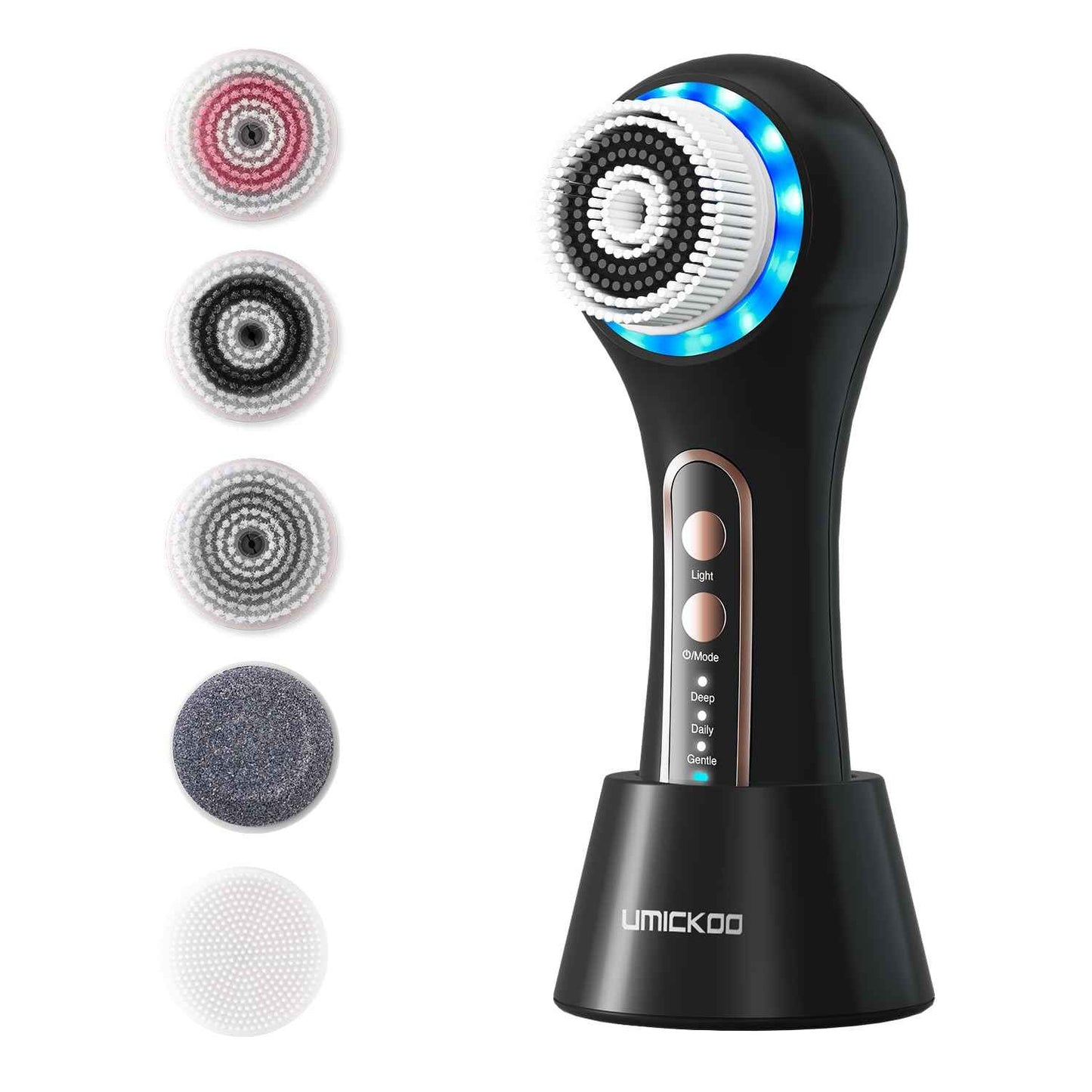 UMICKOO Face Scrubber Exfoliator,Facial Cleansing Brush Rechargeable IPX7 Waterproof with 5 Brush Heads,Electric Face Spin Brush for Exfoliating, Massaging and Deep Cleansing (Black+Gold)