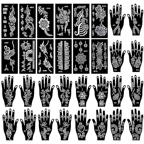 32 Sheets Henna Tattoo Stencils for Hands Forearm Face Paint Body Art, Temporary Glitter Airbrush Flower Tattoo Stencils for Women and Girls Reusable