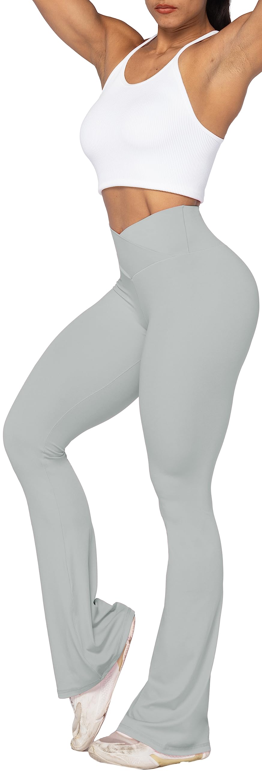 Sunzel Flare Leggings, Crossover Yoga Pants with Tummy Control, High-Waisted and Wide Leg, 30" Inseam, Silver Grey X-Small