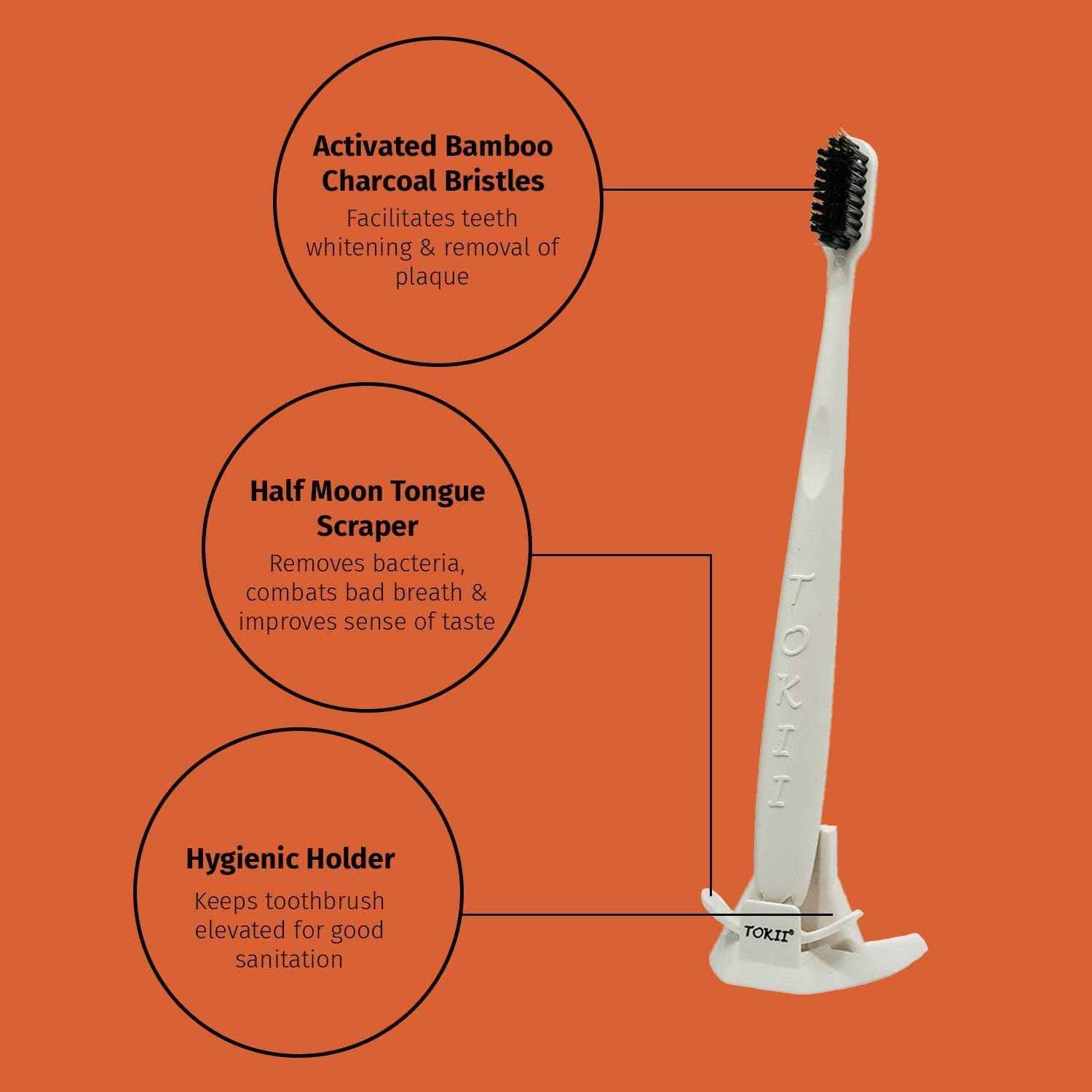 TOKII Tongue Scraper Cleaner Charcoal Bristles Toothbrush for Bad Breath with Waterproof Pouch for Travel, Hygienic Stand and Enviromentally Friendly