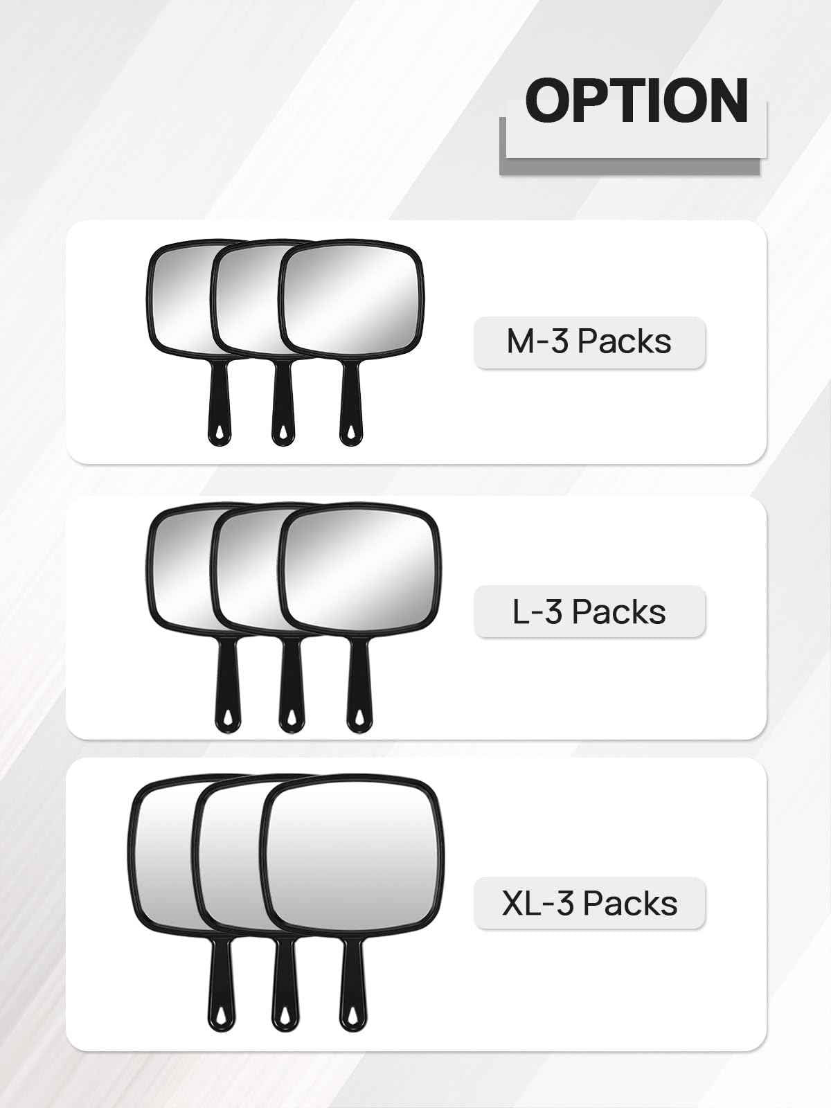 MIRRORNOVA Hand Mirror, Barber Hairdressing Handheld Mirror with Handle for Salon, Square, Black, Medium,Pack of 3