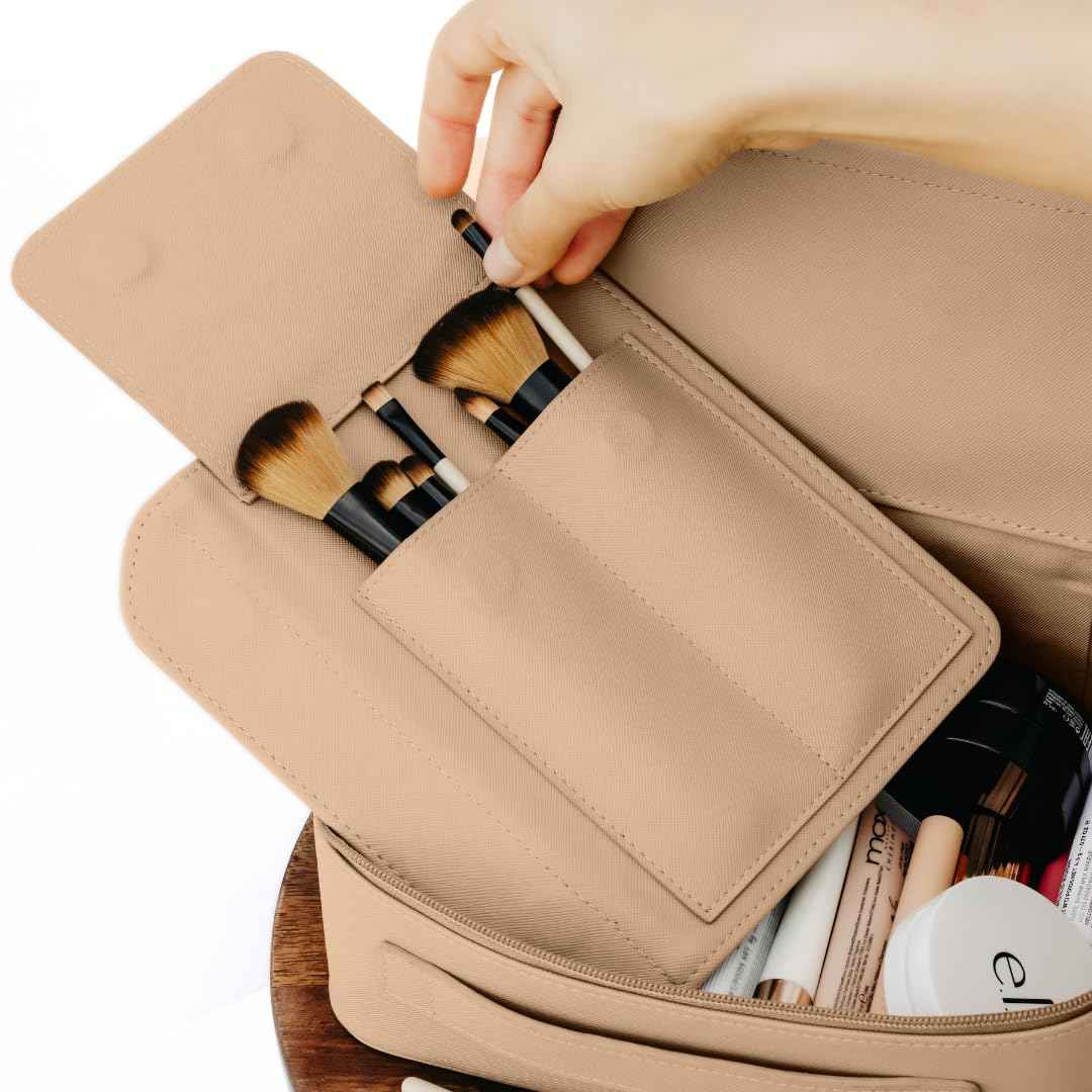 MELINE Leather Makeup Bag with Brush Holder,Travel Cosmetic Case for Women,Large Capacity Waterproof Toiletry Bag with Handle,Stylish and Durable Makeup Organizer (Khaki Brown)