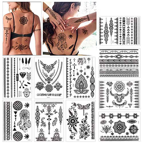 Konsait 10 Sheets Black Henna Temporary Tattoos for Women - Waterproof Festival Body Art Stickers