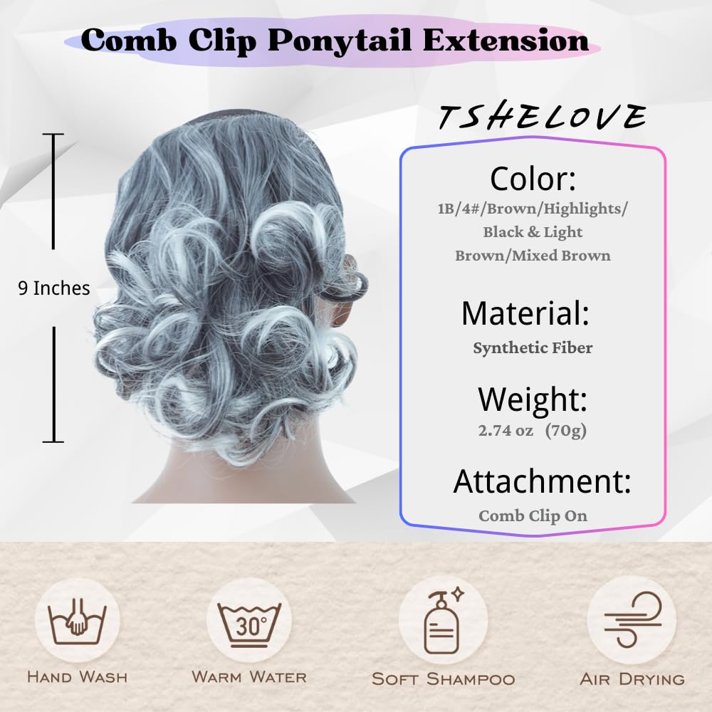 TSHELOVE Bun Hairpiece Fully Short Comb Clip Drawstring Ponytail Bun with Comb Clip Synthtic Chignon Updo Hair Bun for Women Daily Party Use (Black Mixed White and Gray)