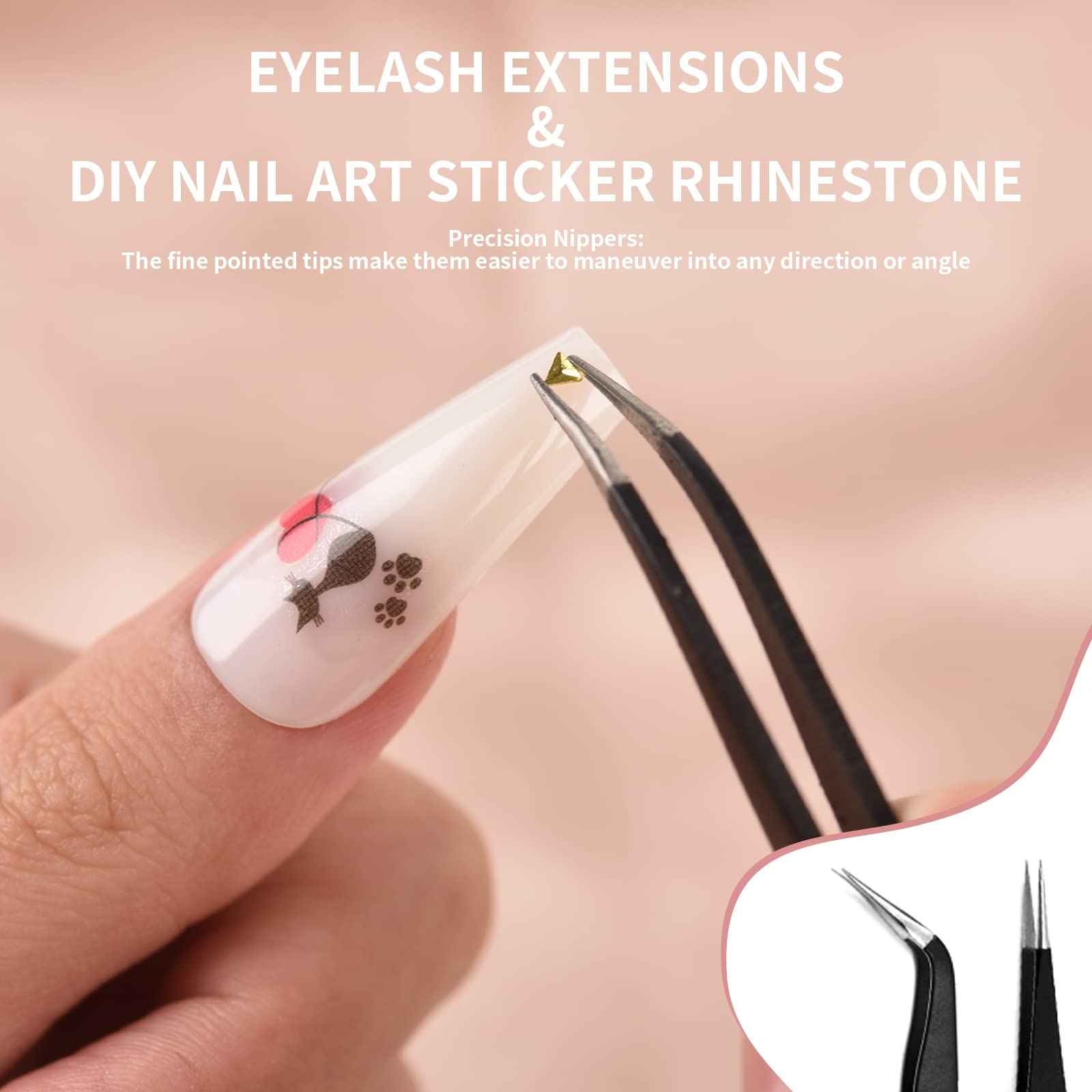 Rolabling 2pcs Elbow & Straight Black Nail Tweezers Rhinestone Picker Manicure Nail Art Tool (Set-1)