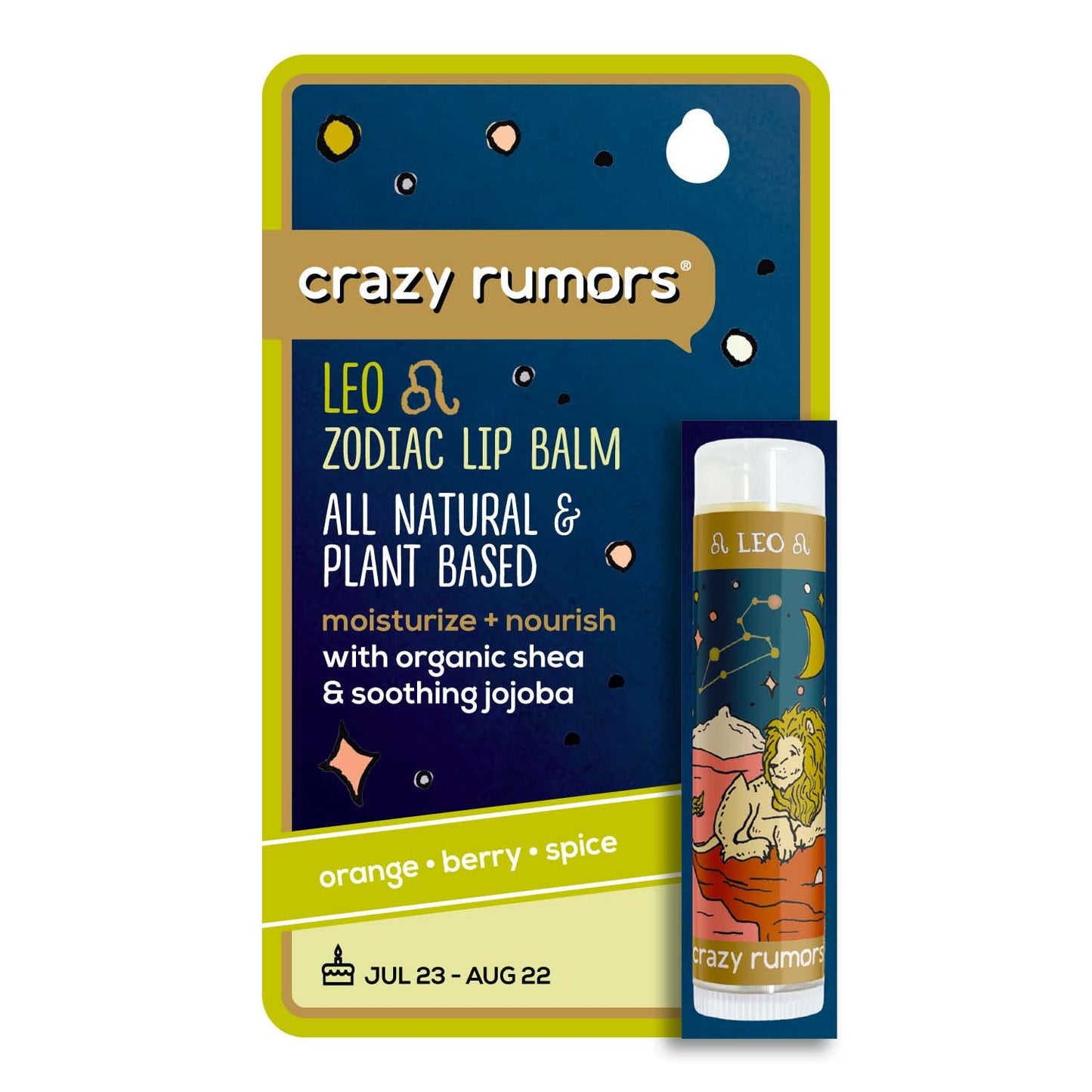 Crazy Rumors Leo Zodiac All Natural, Plant Based Lip Balm to Moisturize and Nourish your Lips - Fire Blend (Sweet Orange, Fresh Berry, Aromatic Spice)