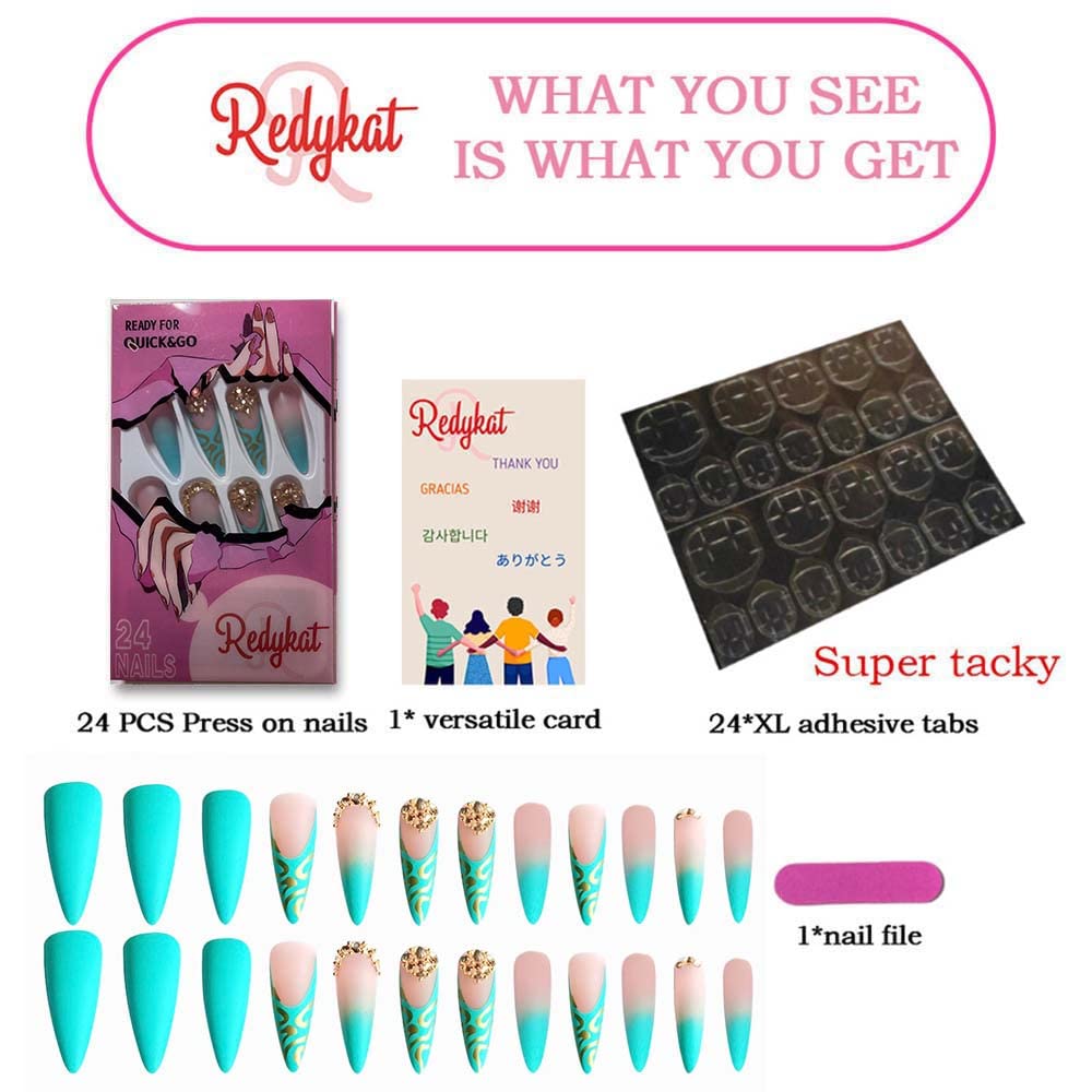 Redykat 24PCS Stiletto Matte Press On Nails, Salon Quality Nail Art, Extra Long Acrylic False Nails, Fake Nails, Home Quick Manicure (bluegreen ombre)