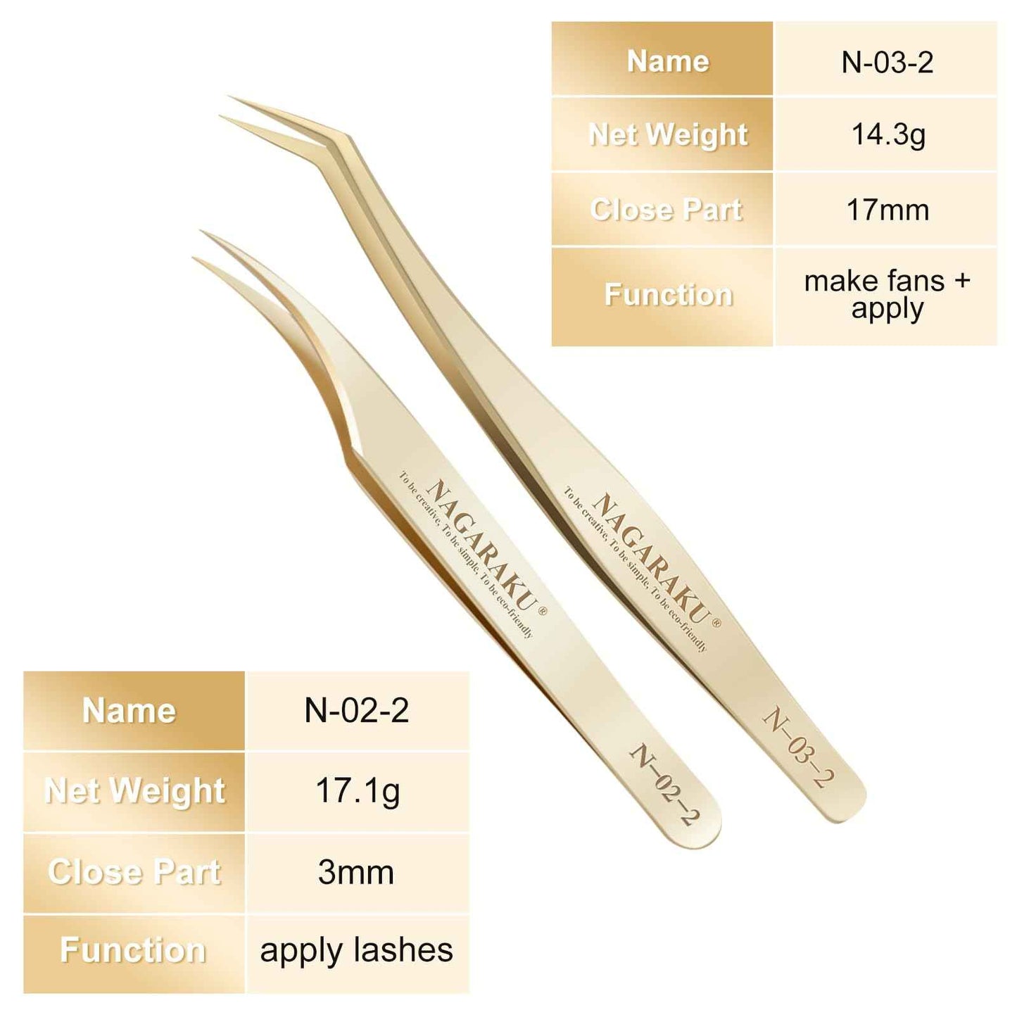 NAGARAKU Eyelash Extension Tweezers Gold Straight Curved Angled Long tip Volume Cluster Light Weight Easy Fanning Tweezer Stainless Steel Precision 1 Pair Lash Applicator Tool (N-02-2 & N-03-2)