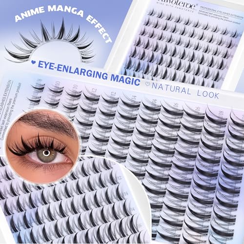 Pawotence Manga Lash Clusters Kit Eyelash Clusters 8-18mm Lash Extension Kit Fairy Individual Lashes Cluster Wispy with Lashes Cluster Glue, Tweezers for Invisible Band Cluster Eyelash Extensions Kit