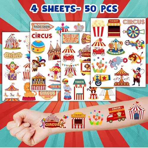 50 PCS Carnival Circus Temporary Tattoos for Kids, Circus Themed Tattoos for Birthday Party Supplies Funny Clown Tattoo Stickers for Kids Boys Girls Party Bag Filler