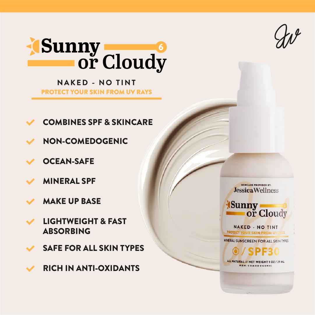 Jessica Wellness Mineral Sunscreen + Hydrating Serum with Broad Spectrum SPF 30 & Antioxidants, Oil-Free, Fragrance Free, Non-Nano Zinc Oxide. 1 oz (Clear)