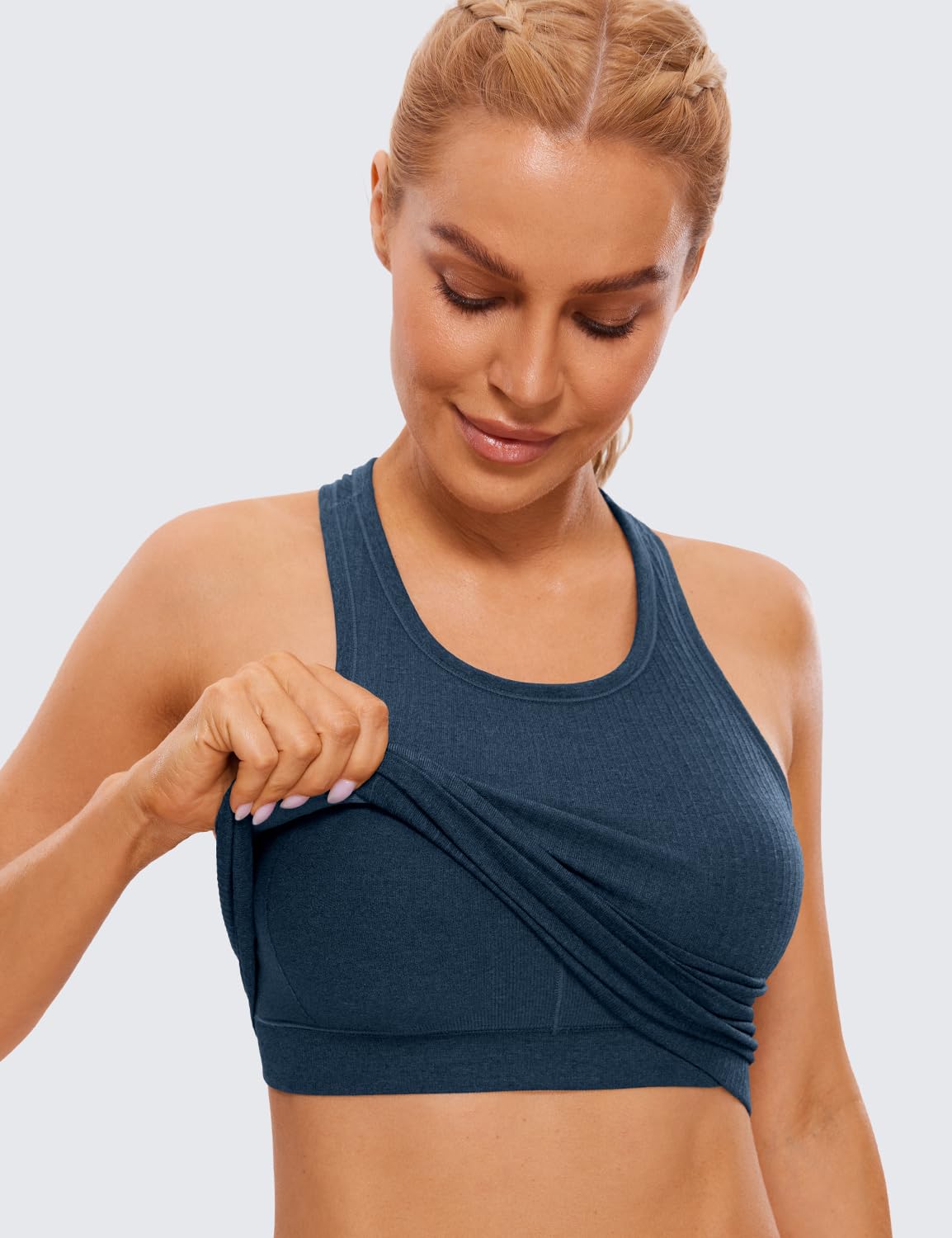 CRZ YOGA Womens Seamless Ribbed Longline High Neck Sports Bra - Racerback Padded Slim Fit Crop Tank Top with Built in Bra French Navy XX-Small