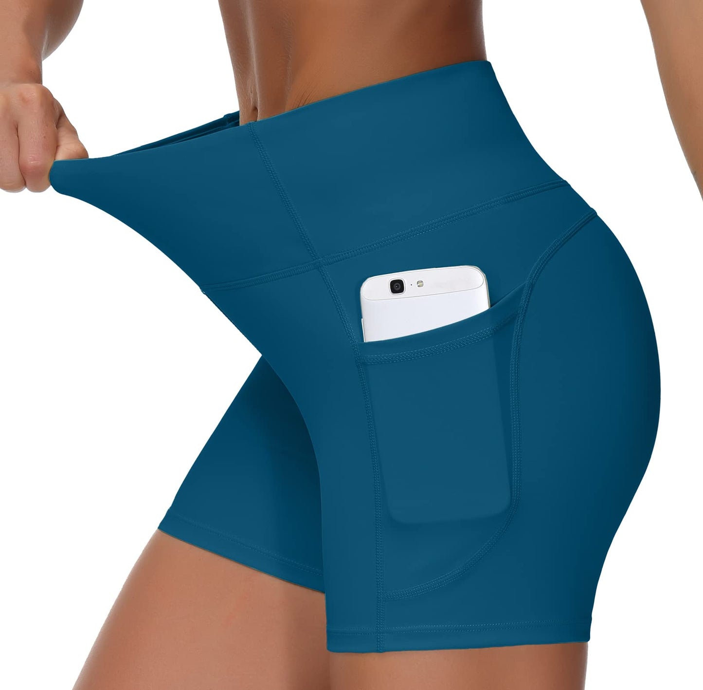 THE GYM PEOPLE High Waist Yoga Shorts for Women's Tummy Control Fitness Athletic Workout Running Shorts with Deep Pockets(Small, Dark Blue Green)